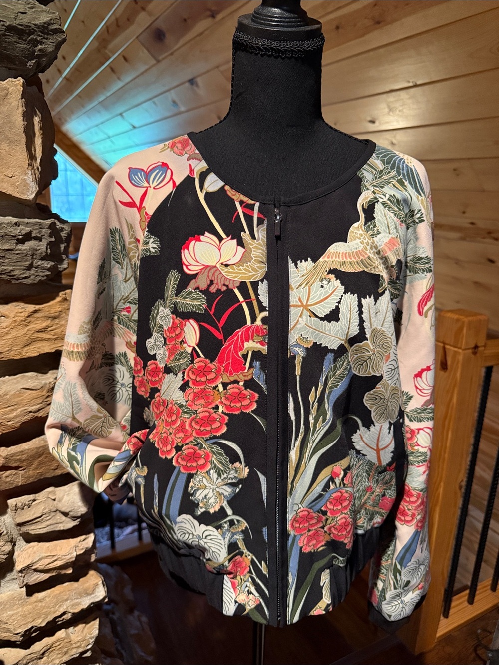 New York & Company Black Floral Zip-Front Bomber with Blush Accents